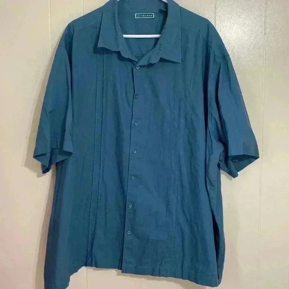 Cubavera Mens 4X Teal Blue Short Sleeve Men’s Cuban Style Shirt.  Linen/Cotton